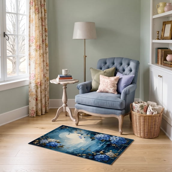 ODIKA 2'x3' Ultra-Soft Accent Mat, Round Abstract Navy Boho Ocean Brushed Hydrangea Border Extra None Washable, Bare feet friendly, Easy Care Indoor rug for Bedside, Footrest