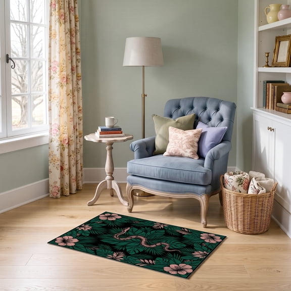 ODIKA 2'x3' Ultra-Soft Accent Mat, Snake Forest Abstract Motif Oversized Foliage Blush Pink Border None Washable, Bare feet friendly, Easy Care Indoor rug for Bedside, Footrest