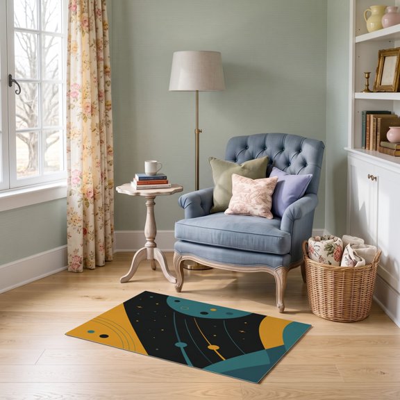 ODIKA 2'x3' Ultra-Soft Accent Mat, Teal and Mustard Cosmic Design Retro Futuristic Space Theme with Washable, Bare feet friendly, Easy Care Indoor rug for Bedside, Footrest