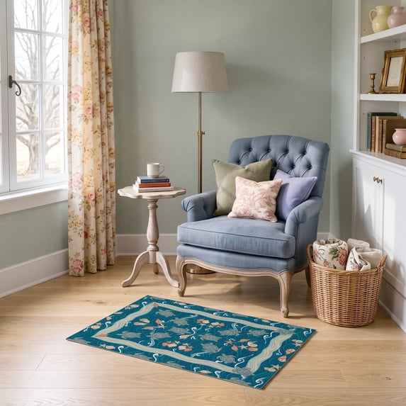 ODIKA 2'x3' Ultra-Soft Accent Mat, Wave Beachy Border Entry Themed Teal Bathroom Nautical Turtle Ocean Playful None Washable, Bare feet friendly, Easy Care Indoor rug for Bedside, Footrest