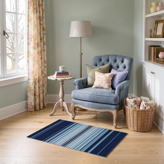 ODIKA 2'x3' Ultra-Soft Accent Mat, Welcome Front Ocean Inspired Repeating Band Motif Balanced Crisp None Washable, Bare feet friendly, Easy Care Indoor rug for Bedside, Footrest