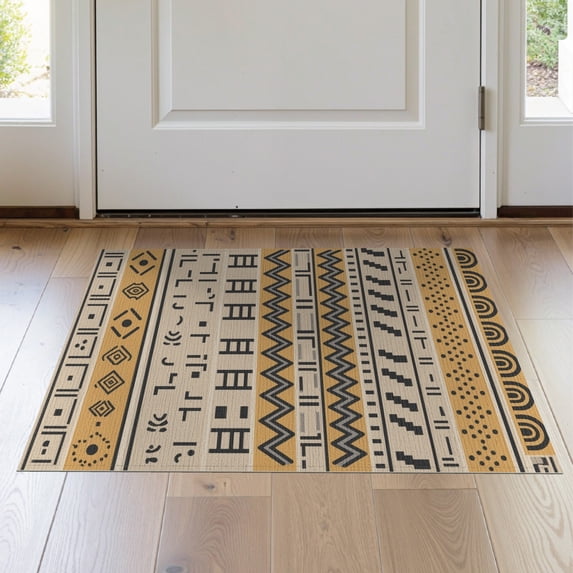 ODIKA 2'x3' Warm Earth Tones Geometric Bands Washable Throw Rug Intricate Pattern with Modern Flair for Hallway, Study Room, Non-Slip Low Profile, Flatwoven