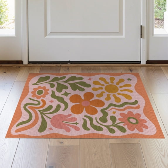ODIKA 2'x3' Warm Earthy Tones Floral Harmony Washable Doormat Retro Botanical Design for Vibrant Spaces for Entryway, Kitchen, Laundry Room, Non-Slip, Low Pile