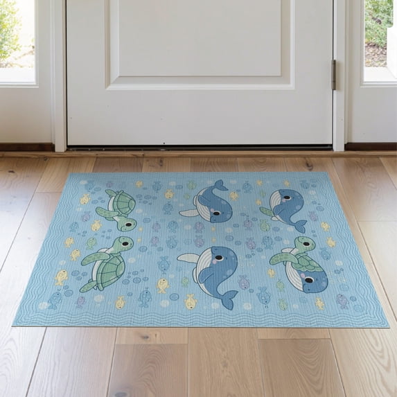 ODIKA 2'x3' Washable Accent Rug Animals Whale Turtle Cute Cartoon Bubble Ocean Nautical Border for Bedroom, Nursery, RV, Pet Friendly, Bedside Mat