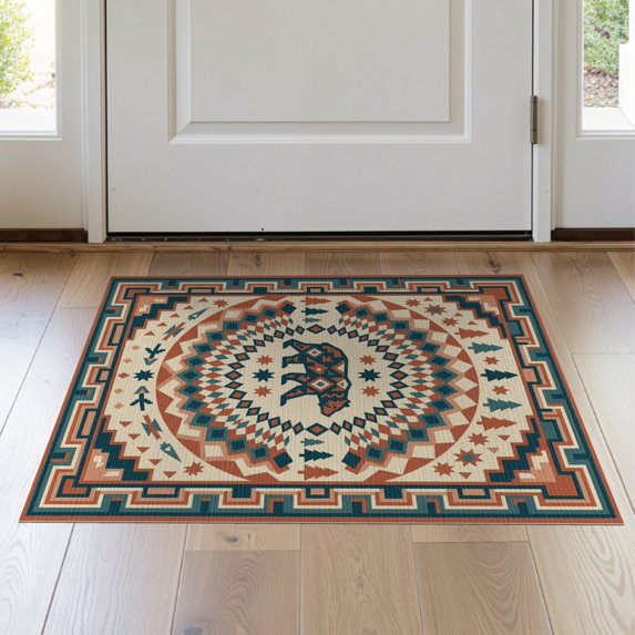 ODIKA 2'x3' Washable Accent Rug Aztec Border Mens Decorations Reindeer Cabin Cowboy Southwestern Playful for Bedroom, Nursery, RV, Pet Friendly, Bedside Mat