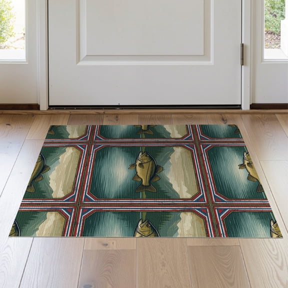ODIKA 2'x3' Washable Accent Rug Bass Fishing Lake Distressed Border Stars Stripes Vintage Fish Refined for Bedroom, Nursery, RV, Pet Friendly, Bedside Mat