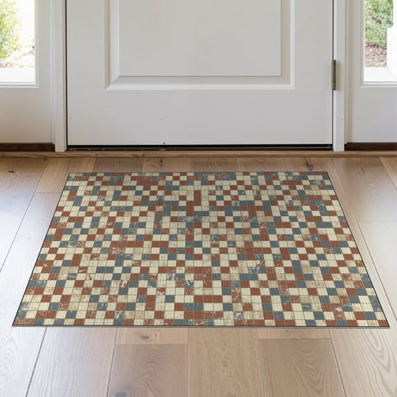 ODIKA 2'x3' Washable Accent Rug Bathroom Geometric Way Interlocking Block Faded Stairs Hallway for Bedroom, Nursery, RV, Pet Friendly, Bedside Mat