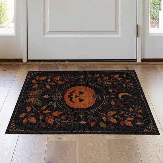ODIKA 2'x3' Washable Accent Rug Black Orange Autumn Harvest Moonlight Design Elegant Seasonal Motif for Bedroom, Nursery, RV, Pet Friendly, Bedside Mat