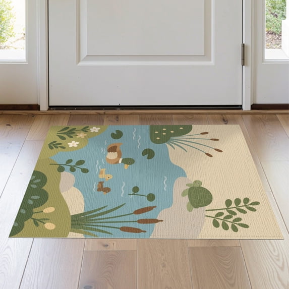 ODIKA 2'x3' Washable Accent Rug Blue Green Pastel and Nature Scene Design Illustrative Pond Life with Ducks Turtle for Bedroom, Nursery, RV, Pet Friendly, Bedside Mat