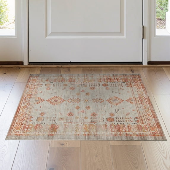 ODIKA Boho Hallway Southwestern Botanical Stripe Distressed Motifs for Study Room, Playroom, Non-Slip Low Profile