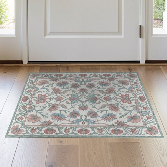 ODIKA 2'x3' Washable Accent Rug Border Trellis Damask Scroll Motifs Lattice Pink Boho Vintage Playful Expressive for Bedroom, Nursery, RV, Pet Friendly, Bedside Mat