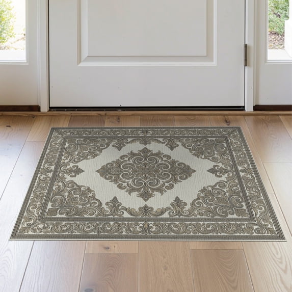 ODIKA 2'x3' Washable Accent Rug Dirt Ivory Trapper Doormat Gently Aged Trapping Entryway Front for Bedroom, Nursery, RV, Pet Friendly, Bedside Mat