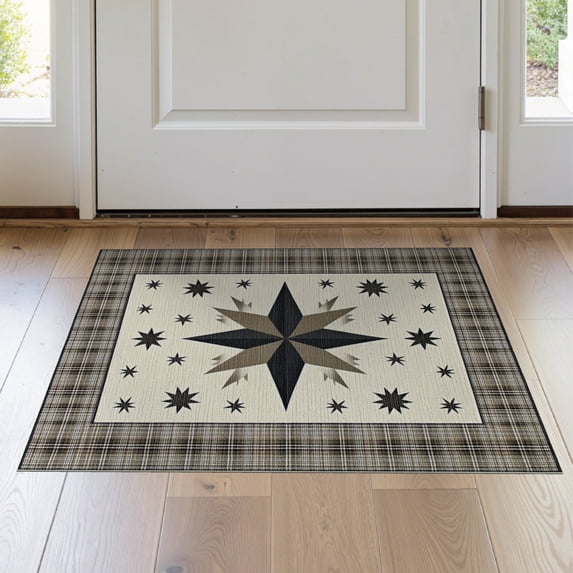 ODIKA 2'x3' Washable Accent Rug Door Retro Farmhouse Plaid Repeating Border Panel Motif Vintage for Bedroom, Nursery, RV, Pet Friendly, Bedside Mat