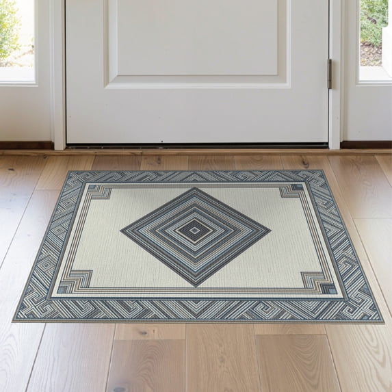 ODIKA 2'x3' Washable Accent Rug Farmhouse Symmetrical Motifs Faded Framing Neutral Geometric for Bedroom, Nursery, RV, Pet Friendly, Bedside Mat