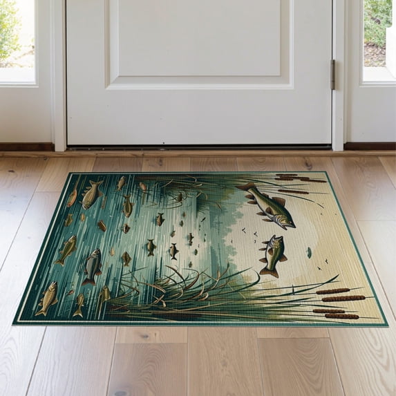 ODIKA 2'x3' Washable Accent Rug Fish Fishing Bass Lake Lure Tackle Reeds Border Motif Angler for Bedroom, Nursery, RV, Pet Friendly, Bedside Mat
