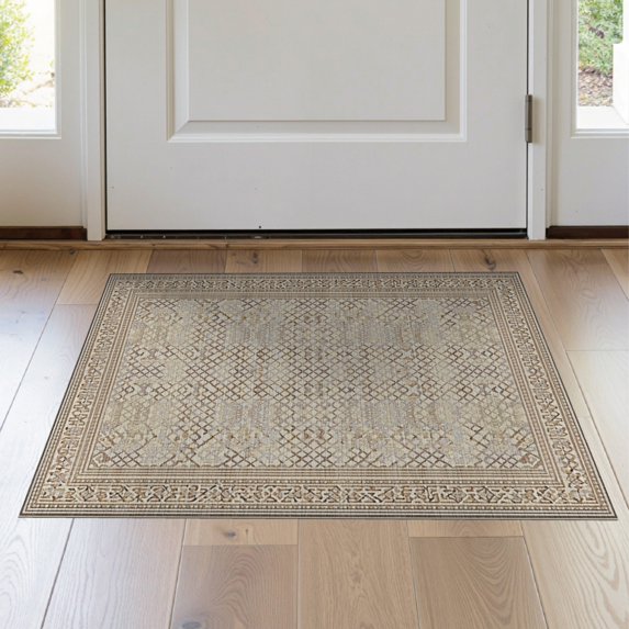 ODIKA 2'x3' Washable Accent Rug Geometric Trellis Boho Minimalist Farmhouse Lattice Neutral Large for Bedroom, Nursery, RV, Pet Friendly, Bedside Mat