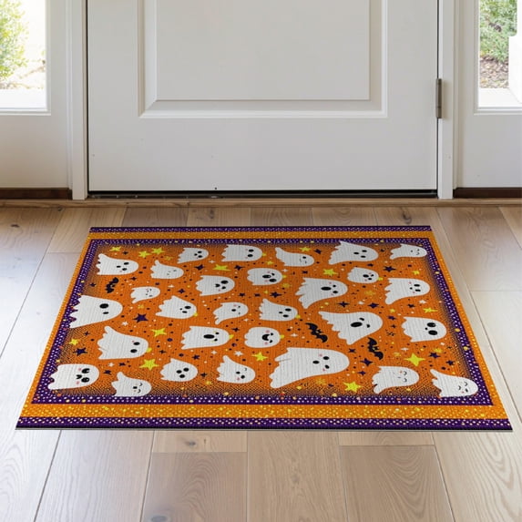 ODIKA 2'x3' Washable Accent Rug Ghost Halloween Guitar Pumpkin Cartoon Kawaii Glitter Stars Border for Bedroom, Nursery, RV, Pet Friendly, Bedside Mat
