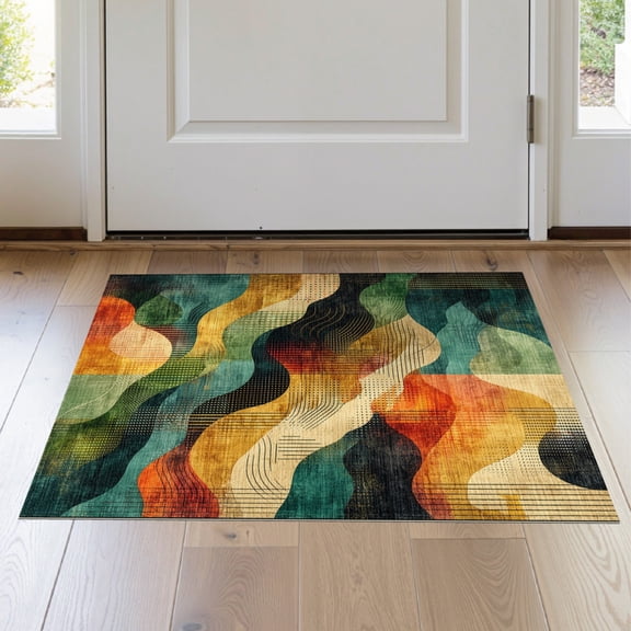 ODIKA 2'x3' Washable Accent Rug Gold Black Green Abstract Colorful Wave Energetic Multicolor with Modern Flair for Bedroom, Nursery, RV, Pet Friendly, Bedside Mat