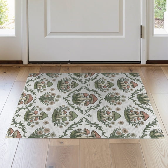 ODIKA 2'x3' Washable Accent Rug Mushroom Cottagecore With Vintage Toadstool And Wildflower Accents for Bedroom, Nursery, RV, Pet Friendly, Bedside Mat