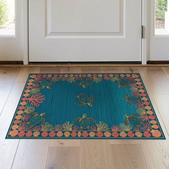 ODIKA 2'x3' Washable Accent Rug Nautical Theme Banded Turtle Motifs Details Ocean Entry Themed for Bedroom, Nursery, RV, Pet Friendly, Bedside Mat