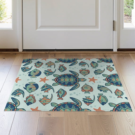 ODIKA 2'x3' Washable Accent Rug Nautical Underwater Fish Coral Motif Reef Marine Ocean Turtle Felt Playful for Bedroom, Nursery, RV, Pet Friendly, Bedside Mat