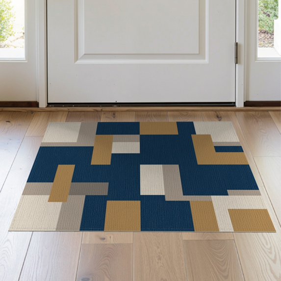 ODIKA 2'x3' Washable Accent Rug Navy Geometric Teal Block Neutral Minimalist Interlocking Tan Abstract Refined for Bedroom, Nursery, RV, Pet Friendly, Bedside Mat
