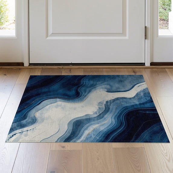 ODIKA 2'x3' Washable Accent Rug Navy Long Abstract Marbled Design Modern Fluid Swirl Motif with Crisp Edges for Bedroom, RV, Pet Friendly, Bedside Mat