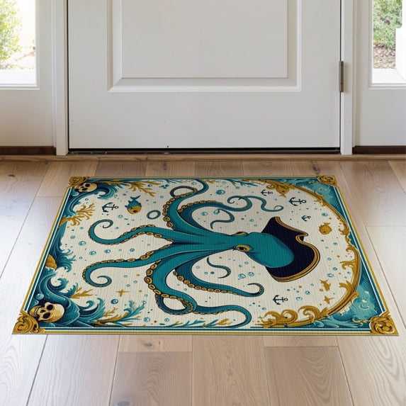 ODIKA 2'x3' Washable Accent Rug Octopus Koi Cartoon Pirate Tricorn Hat Tentacle Wave Scroll Bathroom for Bedroom, Nursery, RV, Pet Friendly, Bedside Mat
