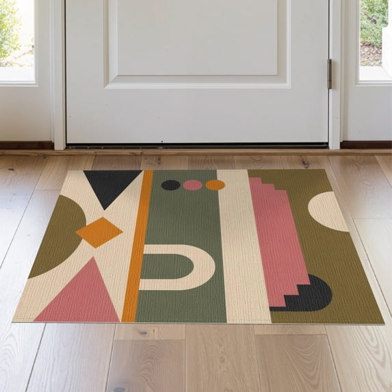 ODIKA 2'x3' Washable Accent Rug Olive Pink Geometric Abstract Design Contemporary Art Inspired Visual for Bedroom, Nursery, RV, Pet Friendly, Bedside Mat