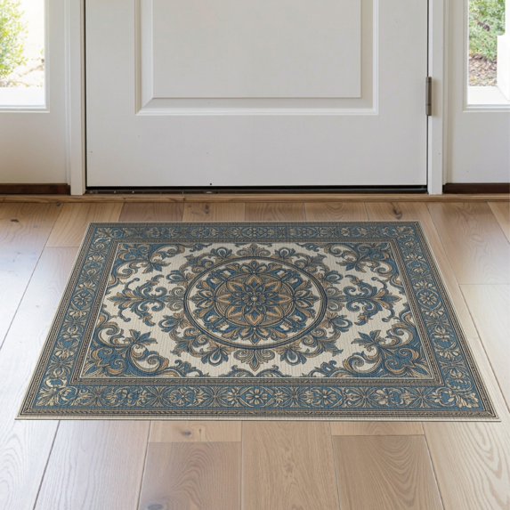 ODIKA 2'x3' Washable Accent Rug Pet Friendly, Bedside Mat Beige Symmetrical Scrolls Transitional Palette Ivory Geometric for Bedroom, Nursery, RV