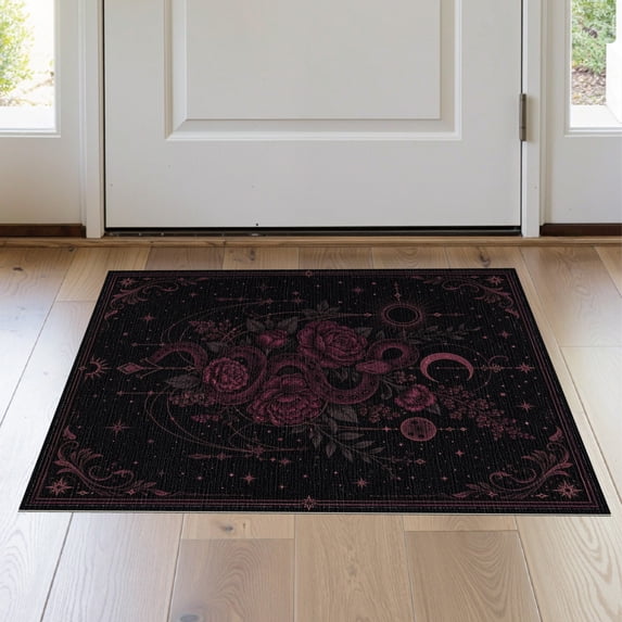 ODIKA 2'x3' Washable Accent Rug Pet Friendly, Bedside Mat Black Dark Rose Celestial Snake Design Intricate Floral and Cosmic Motif Art for Bedroom, Nursery, RV