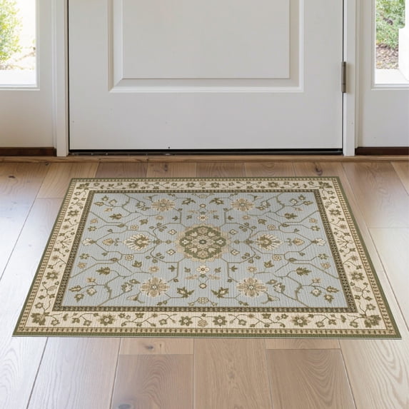 ODIKA 2'x3' Washable Accent Rug Pet Friendly, Bedside Mat Blue Olive Floral Medallion Design Elegant Botanical Motif with Ornate Border for Bedroom, Nursery, RV