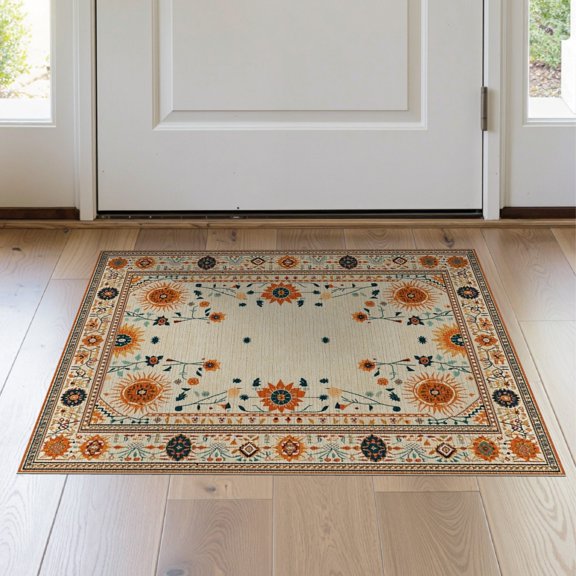 ODIKA 2'x3' Washable Accent Rug Pet Friendly, Bedside Mat Boho Sun Moon Crest With Floral Vintage Arch Border Ornaments for Bedroom, Nursery, RV