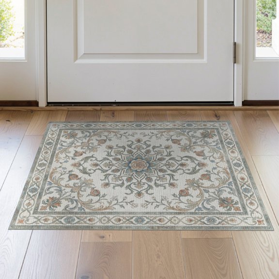 ODIKA 2'x3' Washable Accent Rug Pet Friendly, Bedside Mat Botanical Scroll Border Geometric Papel Picado Under Vintage Boho Playful for Bedroom, Nursery, RV