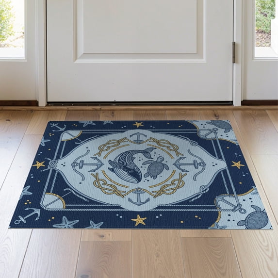 ODIKA 2'x3' Washable Accent Rug Pet Friendly, Bedside Mat Cartoon Animal Nautical Anchor Border Design Whale Sea Turtle Playful Expressive for Bedroom, Nursery, RV