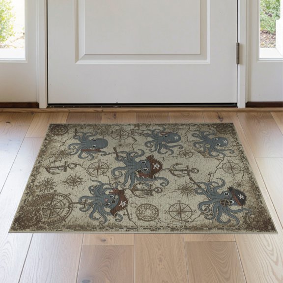 ODIKA 2'x3' Washable Accent Rug Pet Friendly, Bedside Mat Cartoon Pirate Octopus Vintage Abstract Nautical Map Motifs Compass for Bedroom, Nursery, RV
