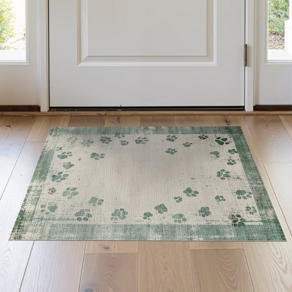 ODIKA 2'x3' Washable Accent Rug Pet Friendly, Bedside Mat Dog Paw Print Vintage Distressed Track Scatter Animal Design for Bedroom, Nursery, RV