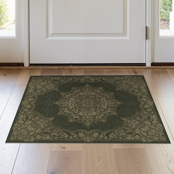 ODIKA 2'x3' Washable Accent Rug Pet Friendly, Bedside Mat Forest Bold Vintage Motif Symmetrical Sage Alfombra Verde Greenrug for Bedroom, Nursery, RV