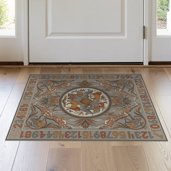 ODIKA 2'x3' Washable Accent Rug Pet Friendly, Bedside Mat Gathered Zoo Creatures Medallion Teaching Numbers Edge Design for Bedroom, Nursery, RV