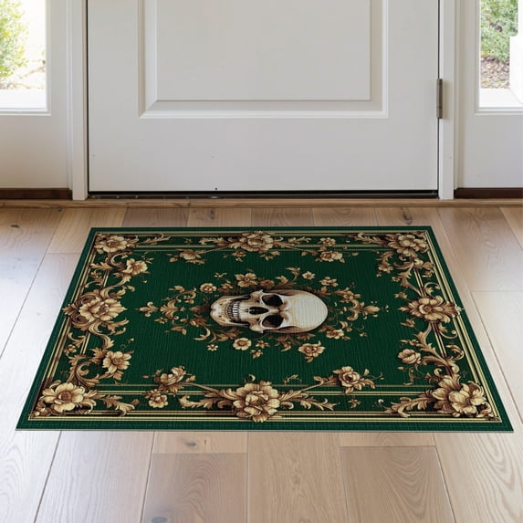 ODIKA 2'x3' Washable Accent Rug Pet Friendly, Bedside Mat Dark Olive Green Baroque Skull Design Gothic Floral Damask with Victorian Vines for Bedroom, RV