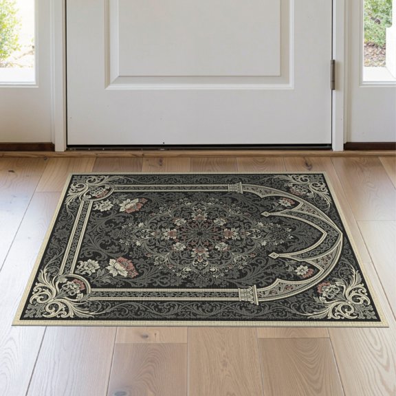 ODIKA 2'x3' Washable Accent Rug Pet Friendly, Bedside Mat Gothic Haul Center Motif Decorative Border Scroll Corridor Grey for Bedroom, Nursery, RV