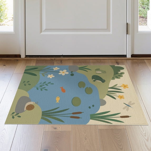 ODIKA 2'x3' Washable Accent Rug Pet Friendly, Bedside Mat Green Blue Pastel and Pond Scene Whimsical Nature Motif with Frogs Flowers for Bedroom, Nursery, RV