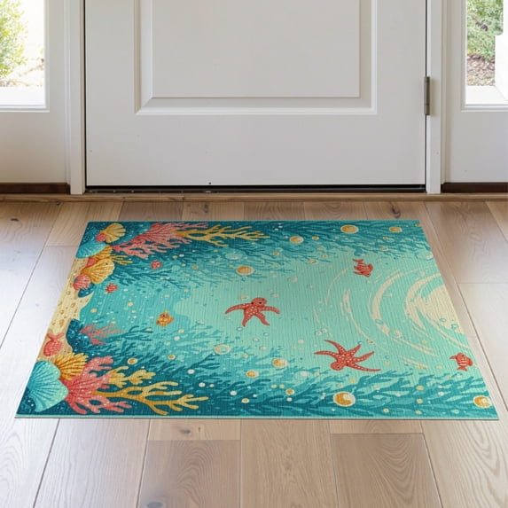 ODIKA 2'x3' Washable Accent Rug Pet Friendly, Bedside Mat Green Coral Ocean Seafoam with Octopus Cheerful Sea Life Turtles and Starfish for Bedroom, Nursery, RV