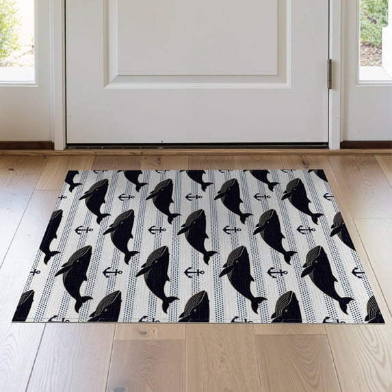 ODIKA 2'x3' Washable Accent Rug Pet Friendly, Bedside Mat Hooked Marine Whale Pod Motif Border Frame Wave Boat Nautical Refined Structured for Bedroom, Nursery, RV