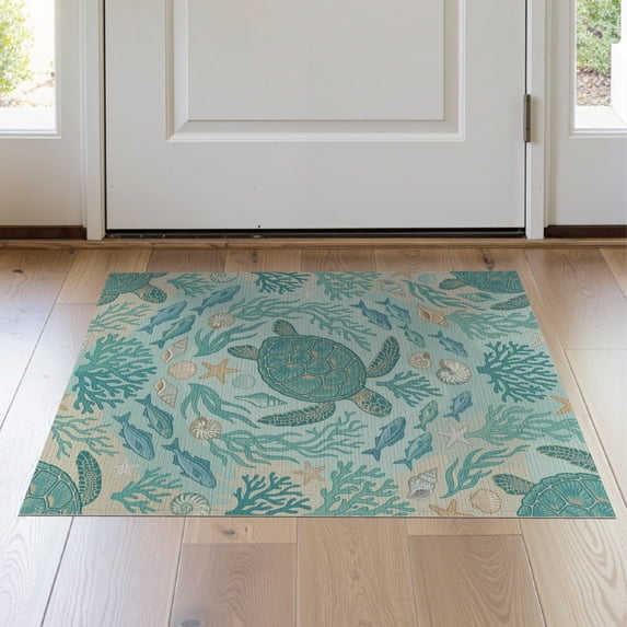 ODIKA 2'x3' Washable Accent Rug Pet Friendly, Bedside Mat Nautical Marine Wildlife Round Jellyfish Coral Door Turtle Ocean Playful for Bedroom, Nursery, RV