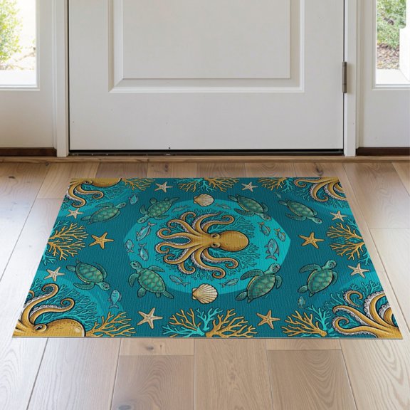 ODIKA 2'x3' Washable Accent Rug Pet Friendly, Bedside Mat Octopus Marine Educational Turtle Fish Motifs Ocean Underwater Refined for Bedroom, Nursery, RV