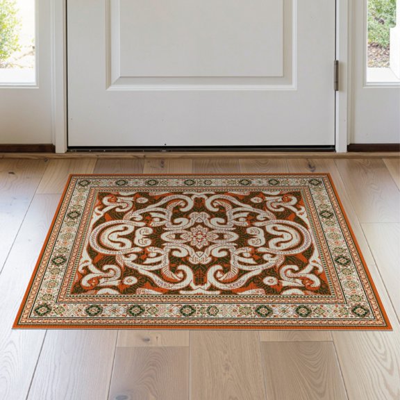 ODIKA 2'x3' Washable Accent Rug Pet Friendly, Bedside Mat Orange Swirl Burnt Abstract Geometric Wavy Creamy Retro Charred for Bedroom, Nursery, RV