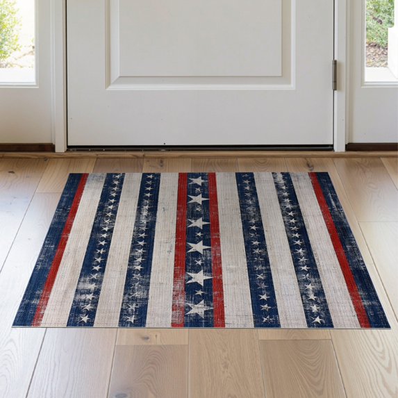 ODIKA 2'x3' Washable Accent Rug Pet Friendly, Bedside Mat Patriotic Stars Mosaic With Distressed Stripe Bands And Star Corners for Bedroom, Nursery, RV