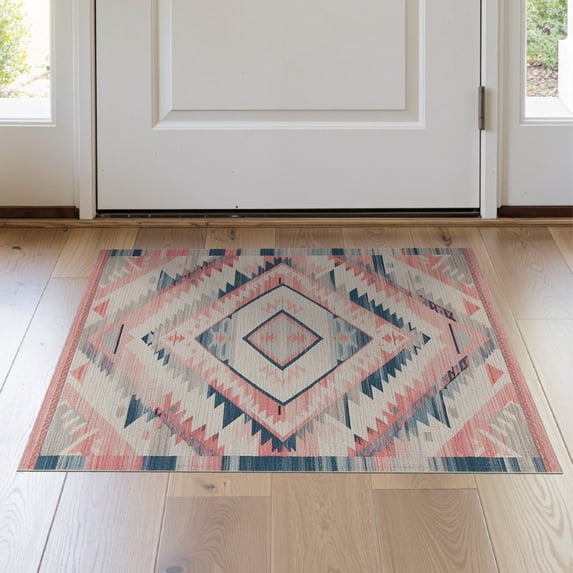 ODIKA 2'x3' Washable Accent Rug Pet Friendly, Bedside Mat Pink Blue Boho Southwestern Blush Aztec Diamond Zigzag with Triangles for Bedroom, RV