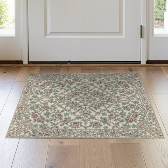 ODIKA 2'x3' Washable Accent Rug Pet Friendly, Bedside Mat Pink Long Climbing Vine Lattice Decorative Border Vintage Sage for Bedroom, Nursery, RV